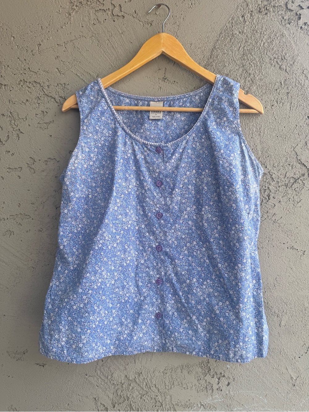 Vintage Cottagecore High Sierra Blue Floral Button-Up Sleeveless Tank Top Medium